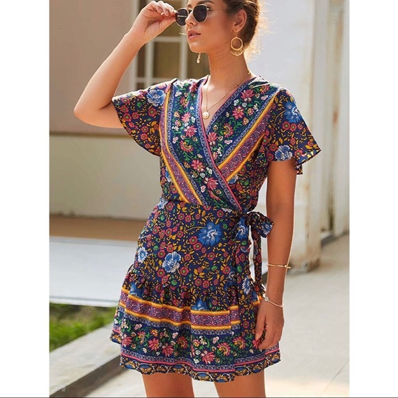 Dresses & Skirts - V Neck Bohemian Floral Print Ruffle Mini Dress